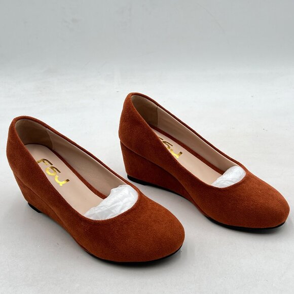 FSJ Brown Suede Wedges Heels for Women Closed Toe Slip On Shoes Dressy Pumps - Picture 3 of 7